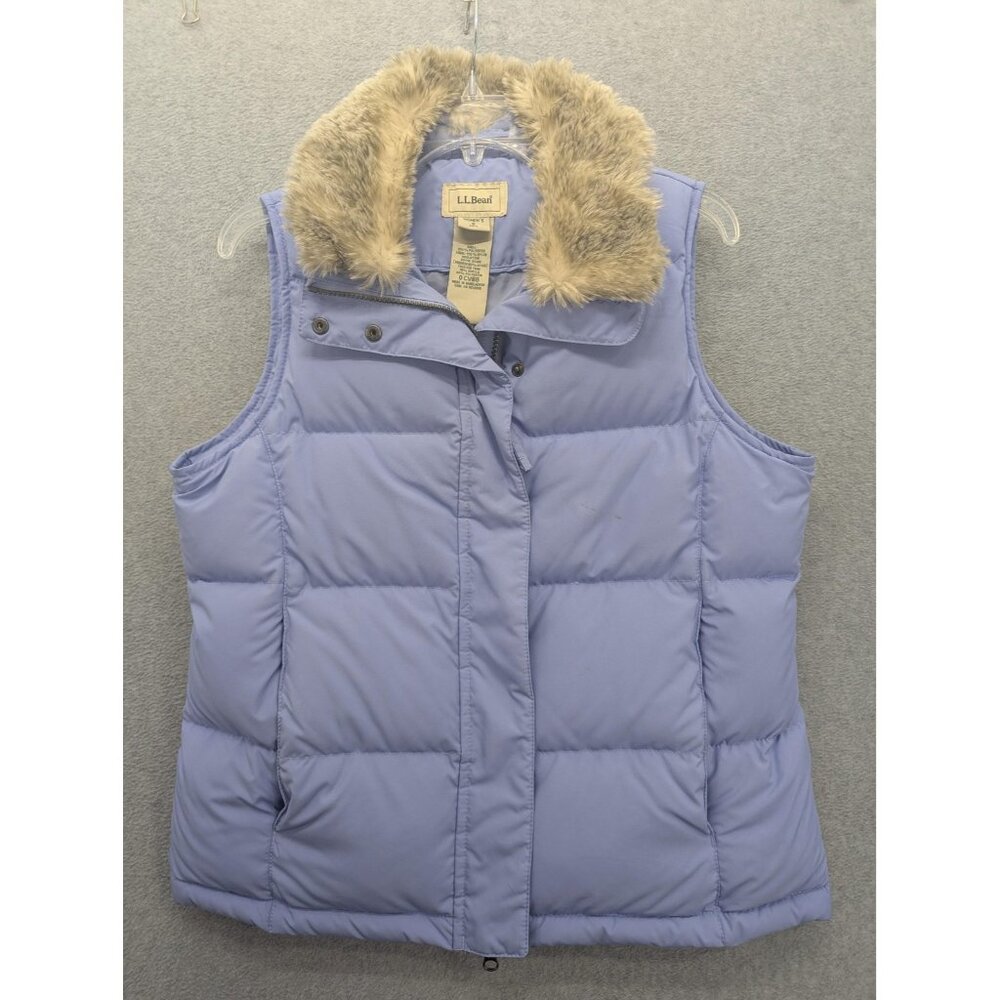 LL Bean Vest Womens Small Purple Down Puffer Quilted Faux Fur Collar Winter